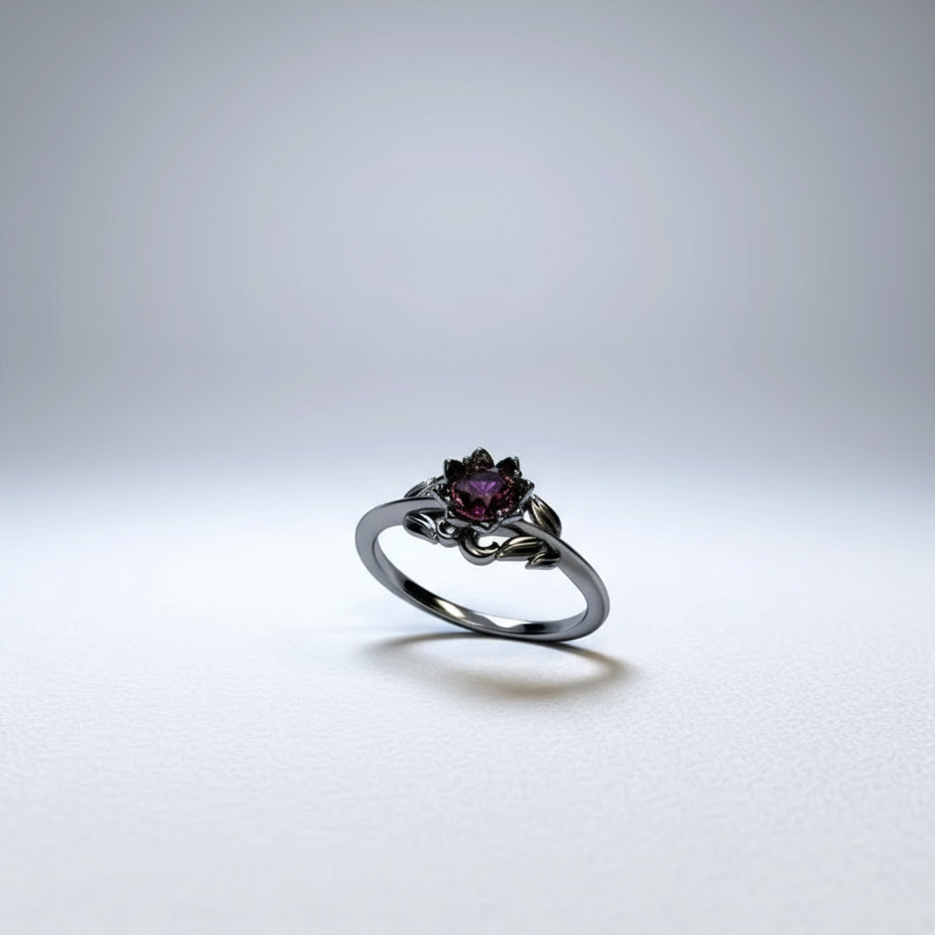 Black Rose Flower Ring with Red Stone — Charm Jewellery for Women