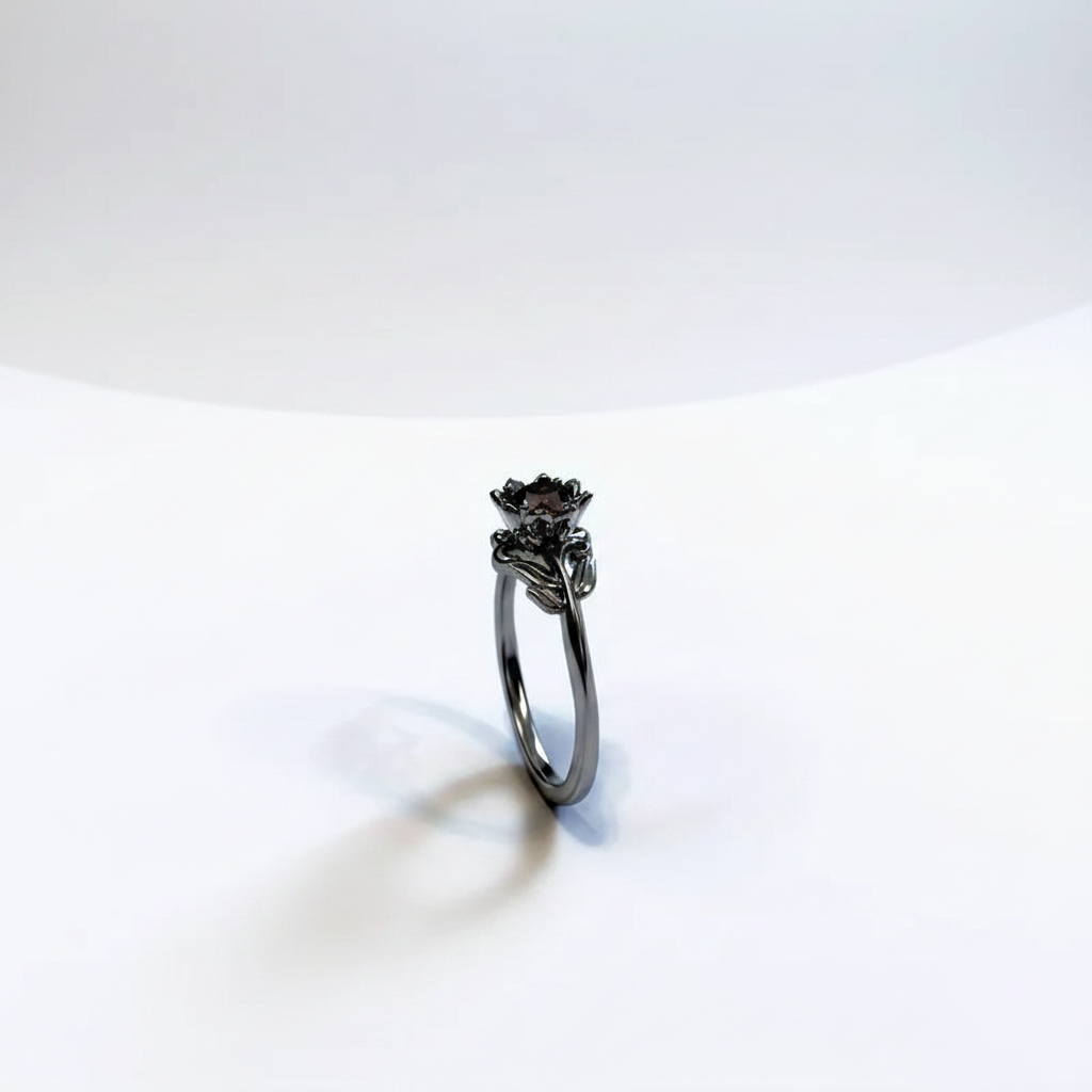 Black Rose Flower Ring with Red Stone — Charm Jewellery for Women