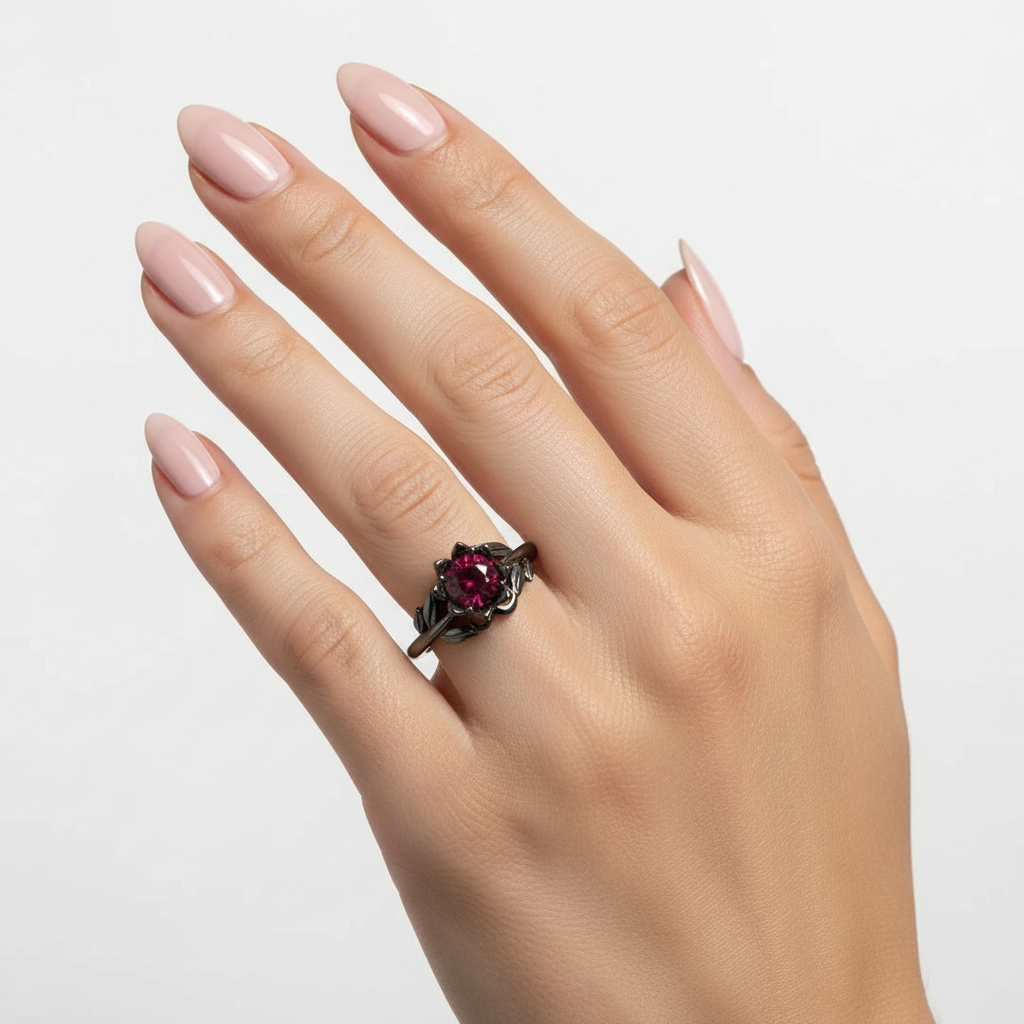 Black Rose Flower Ring with Red Stone — Charm Jewellery for Women